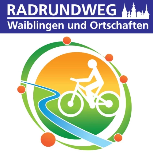 Radrundweg Waiblingen und Ortschaften: Ein Radfahrer fährt auf einem grünen Weg, der durch eine Landschaft mit einem Fluss führt. (KI generiert)
