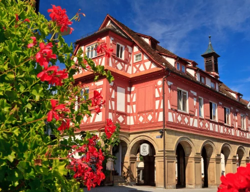 Traditionelles Fachwerkhaus mit roten Blumen im Vordergrund (KI generiert)