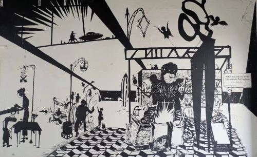 Schwarz-weißes Bild eines belebten Jahrmarkts mit Karussell, Buden und Menschen. (KI generiert)