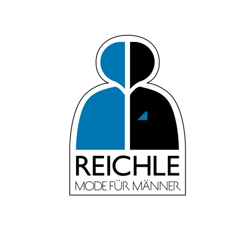 Logo mit blau-schwarzer Silhouette eines Mannes und Text 'REICHLE MODE FÜR MÄNNER'. (KI generiert)