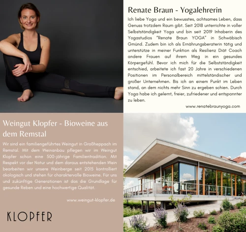 Yogalehrerin Renate Braun und Weingut Klopfer mit Bioweinen aus dem Remstal. (KI generiert)